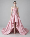 Blush Pink Satin Strapless Ball Gown, Asymmetrical Draped Skirt Formal Dress, Long Wedding Guest Prom Dress with Train