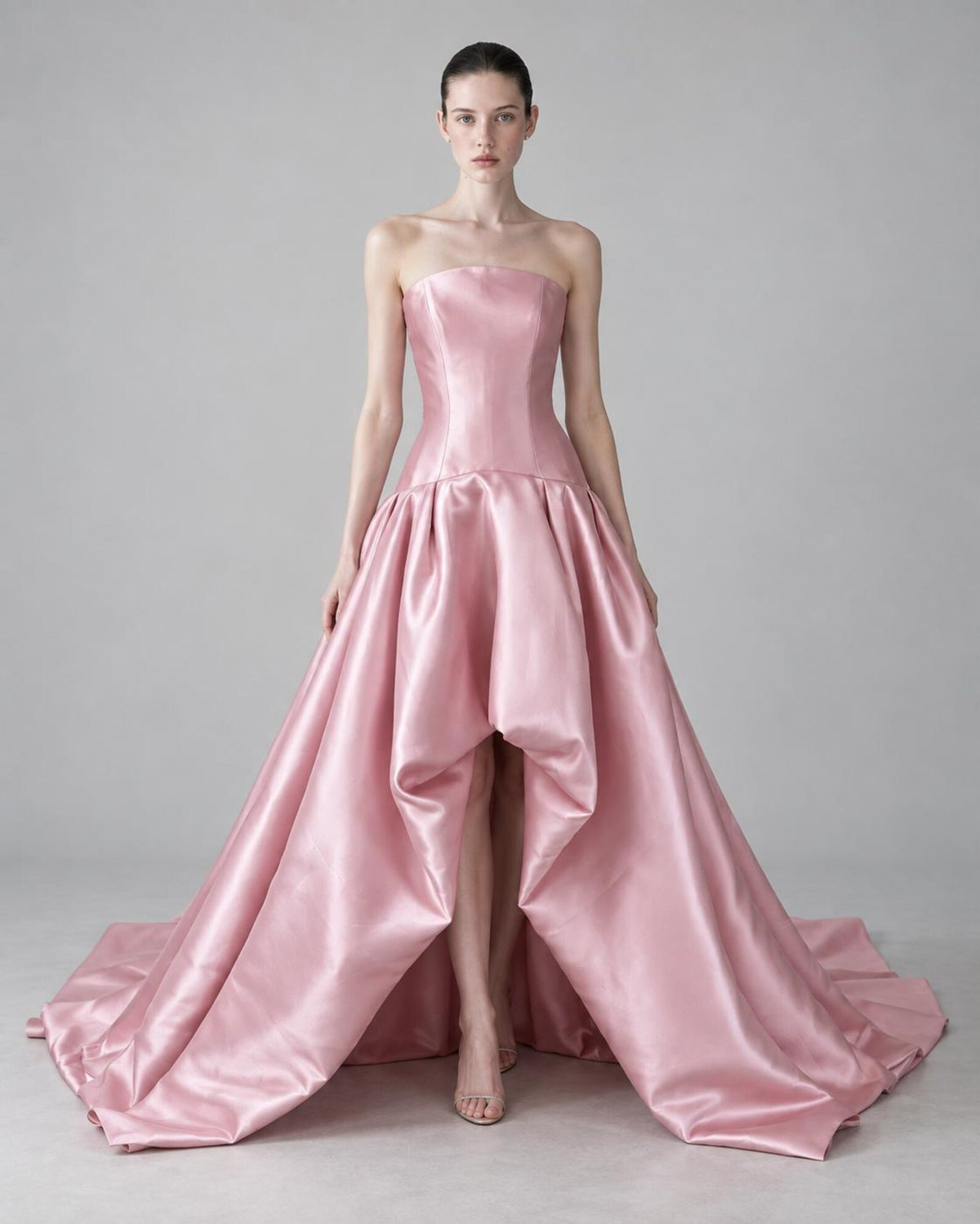 Blush Pink Satin Strapless Ball Gown, Asymmetrical Draped Skirt Formal Dress, Long Wedding Guest Prom Dress with Train