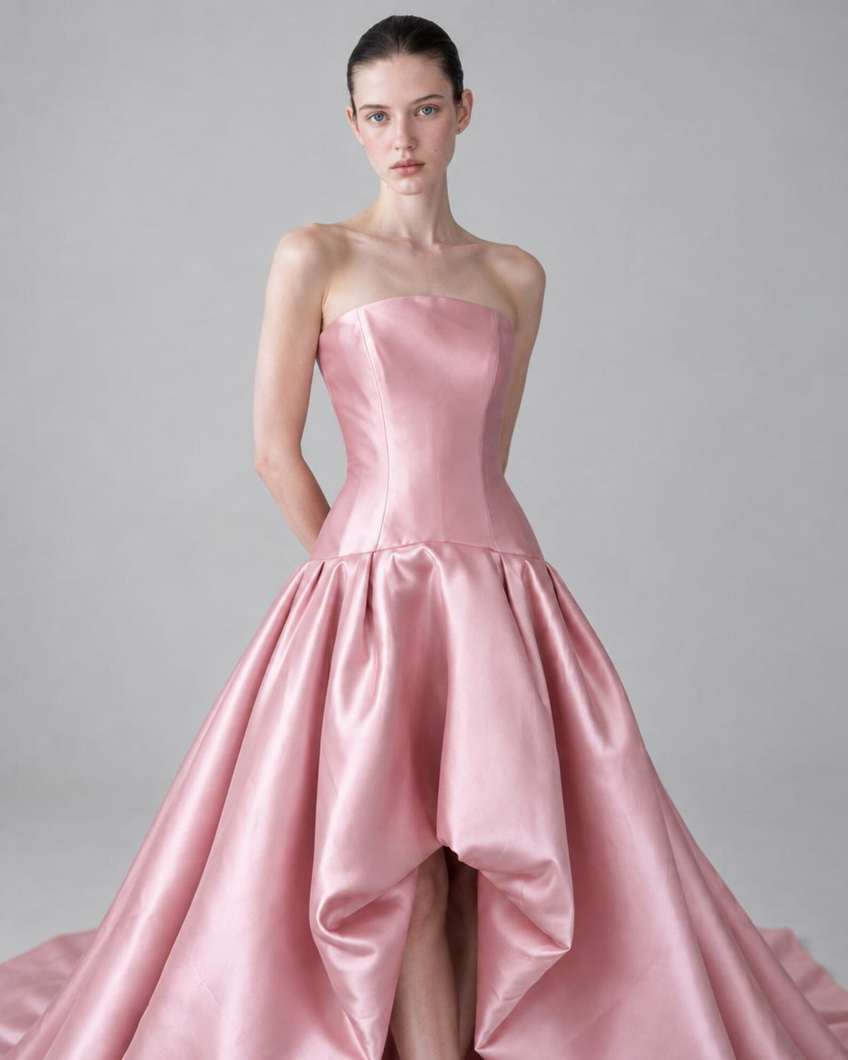 Blush Pink Satin Strapless Ball Gown, Asymmetrical Draped Skirt Formal Dress, Long Wedding Guest Prom Dress with Train