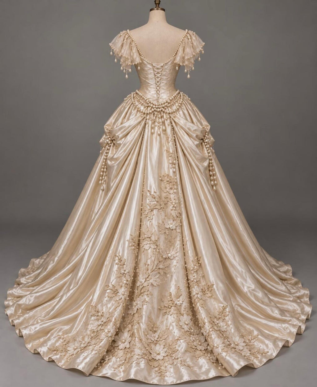 Vintage Champagne Satin Wedding Gown, Victorian Pearl Embellished Ballgown Wedding Dress, Floral Embroidery Off Shoulder Bridal Dress