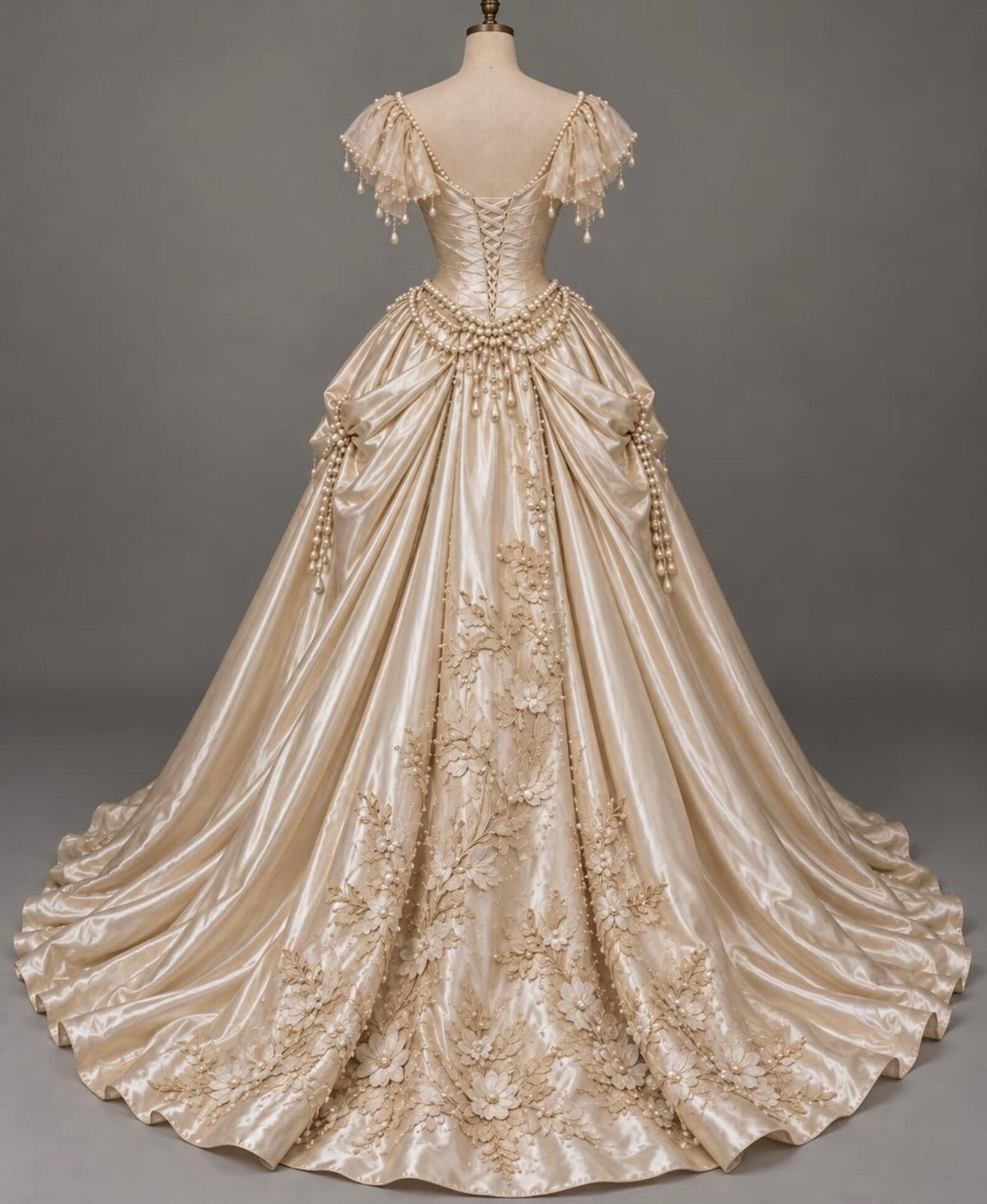 Vintage Champagne Satin Wedding Gown, Victorian Pearl Embellished Ballgown Wedding Dress, Floral Embroidery Off Shoulder Bridal Dress