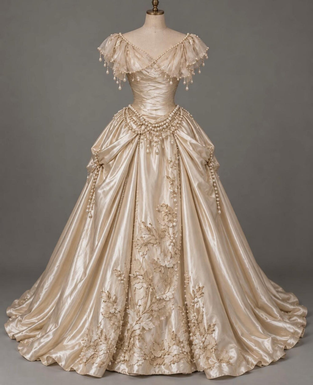 Vintage Champagne Satin Wedding Gown, Victorian Pearl Embellished Ballgown Wedding Dress, Floral Embroidery Off Shoulder Bridal Dress
