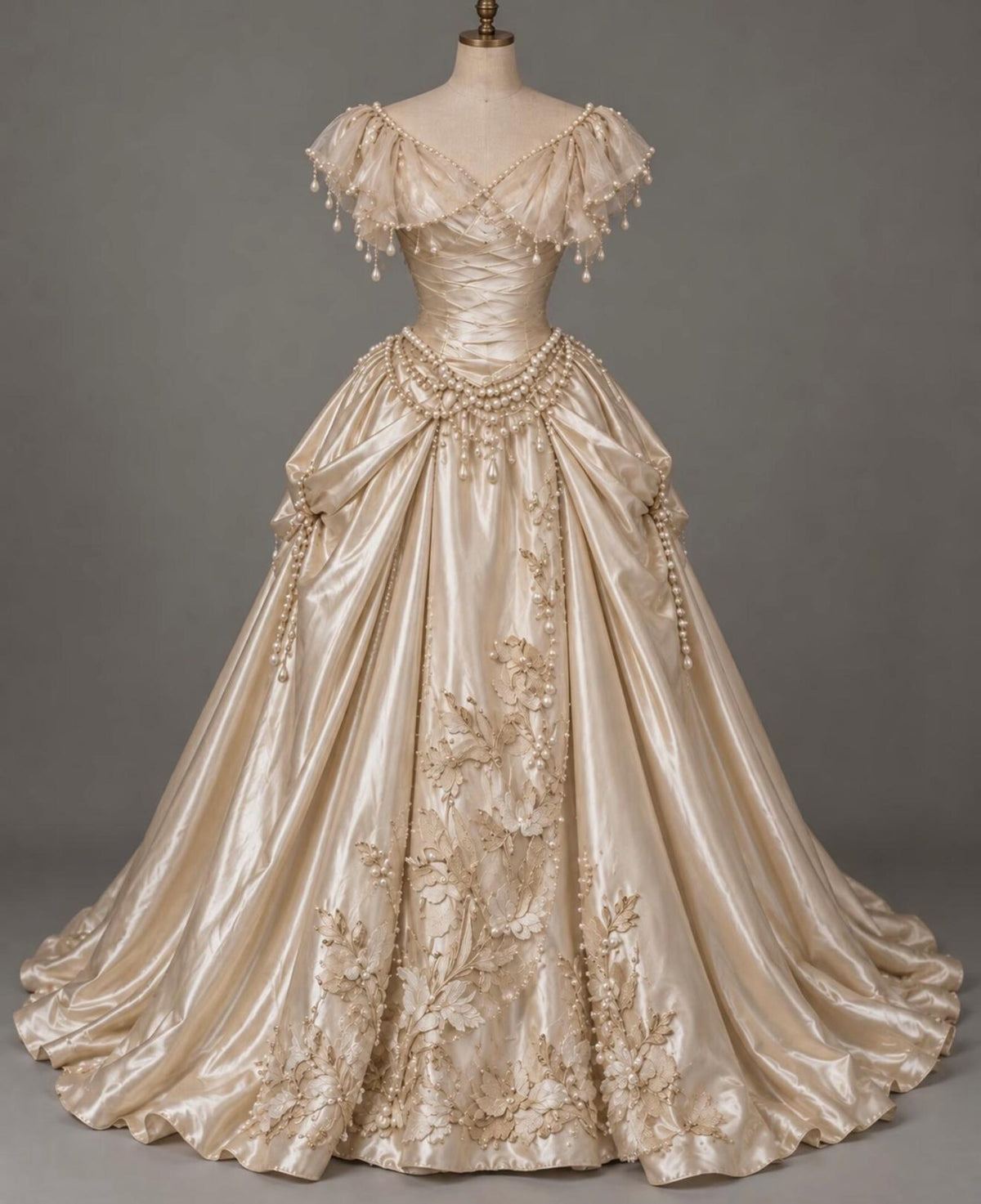 Vintage Champagne Satin Wedding Gown, Victorian Pearl Embellished Ballgown Wedding Dress, Floral Embroidery Off Shoulder Bridal Dress