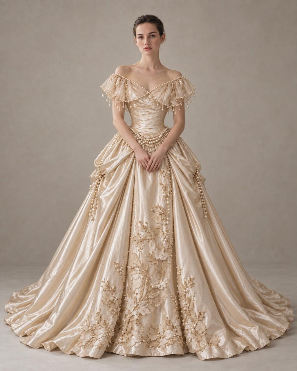 Vintage Champagne Satin Wedding Gown, Victorian Pearl Embellished Ballgown Wedding Dress, Floral Embroidery Off Shoulder Bridal Dress