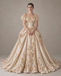 Vintage Champagne Satin Wedding Gown, Victorian Pearl Embellished Ballgown Wedding Dress, Floral Embroidery Off Shoulder Bridal Dress
