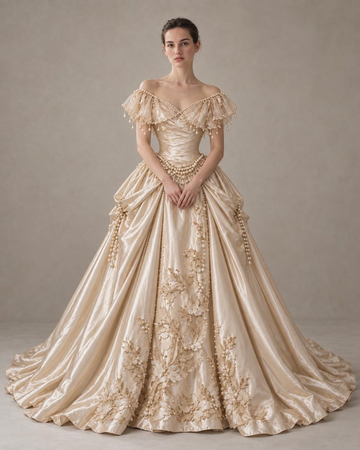 Vintage Champagne Satin Wedding Gown, Victorian Pearl Embellished Ballgown Wedding Dress, Floral Embroidery Off Shoulder Bridal Dress