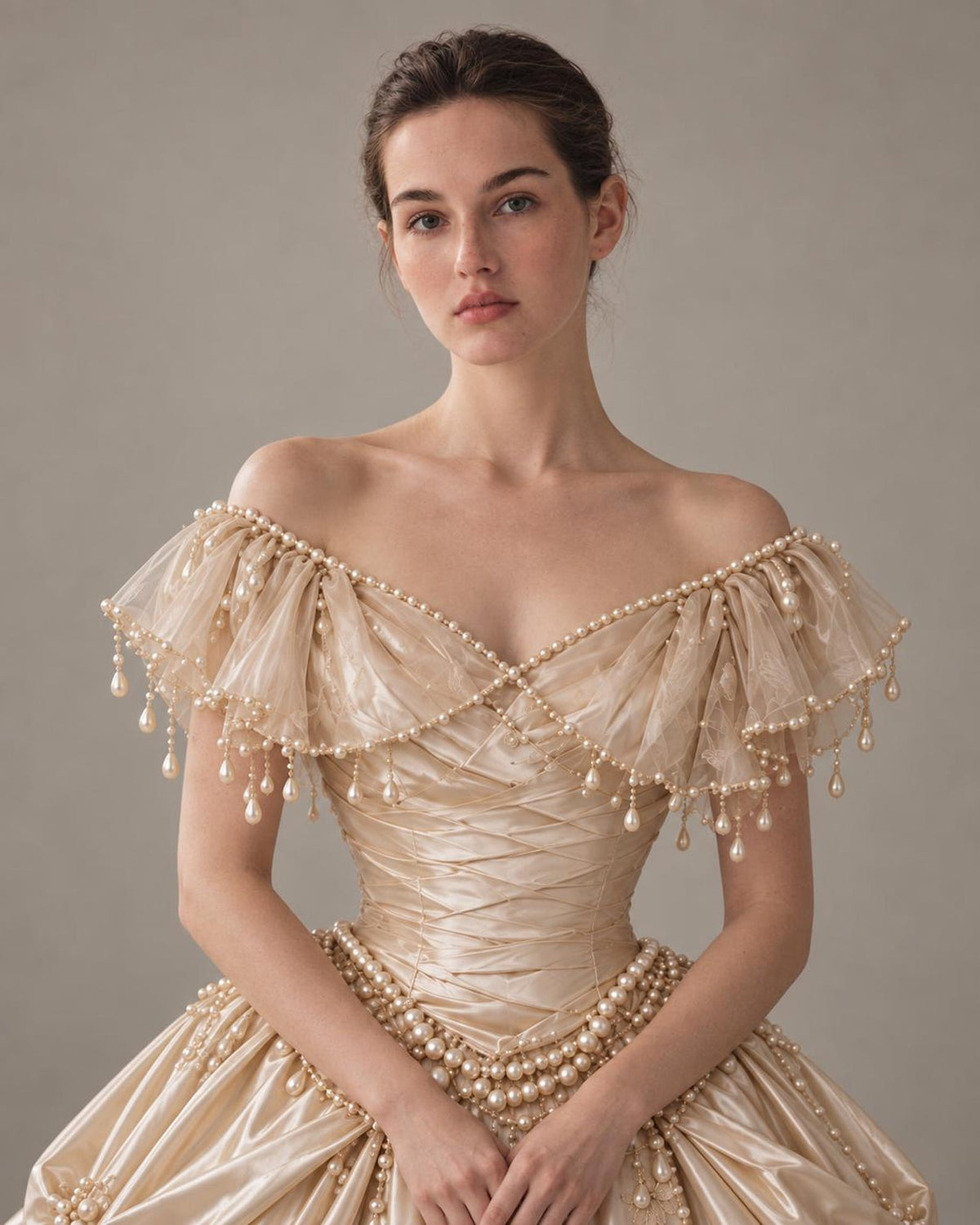Vintage Champagne Satin Wedding Gown, Victorian Pearl Embellished Ballgown Wedding Dress, Floral Embroidery Off Shoulder Bridal Dress