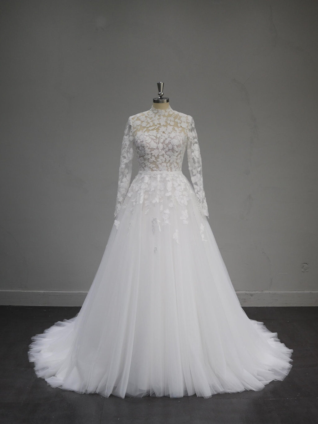 High Neck Long Sleeve Lace Wedding Dress, 3D Floral Tulle Ballgown Bridal Gown, Sheer Bodice Custom Wedding Gown