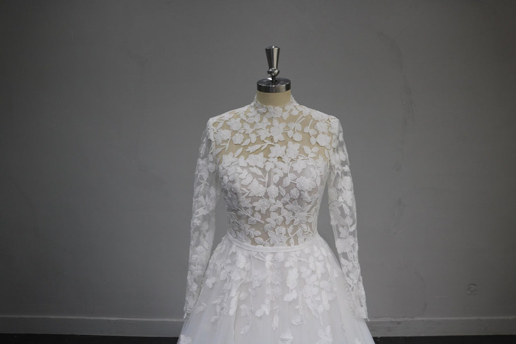 High Neck Long Sleeve Lace Wedding Dress, 3D Floral Tulle Ballgown Bridal Gown, Sheer Bodice Custom Wedding Gown