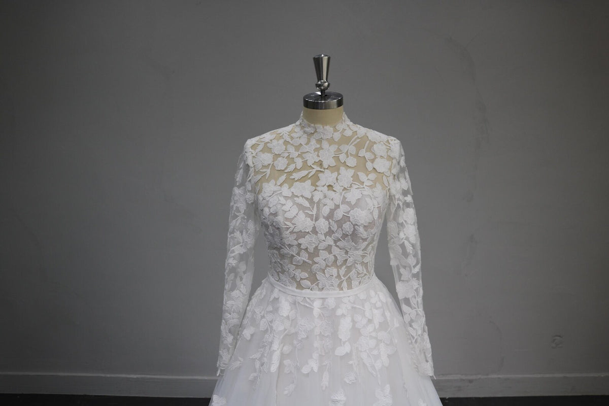 High Neck Long Sleeve Lace Wedding Dress, 3D Floral Tulle Ballgown Bridal Gown, Sheer Bodice Custom Wedding Gown