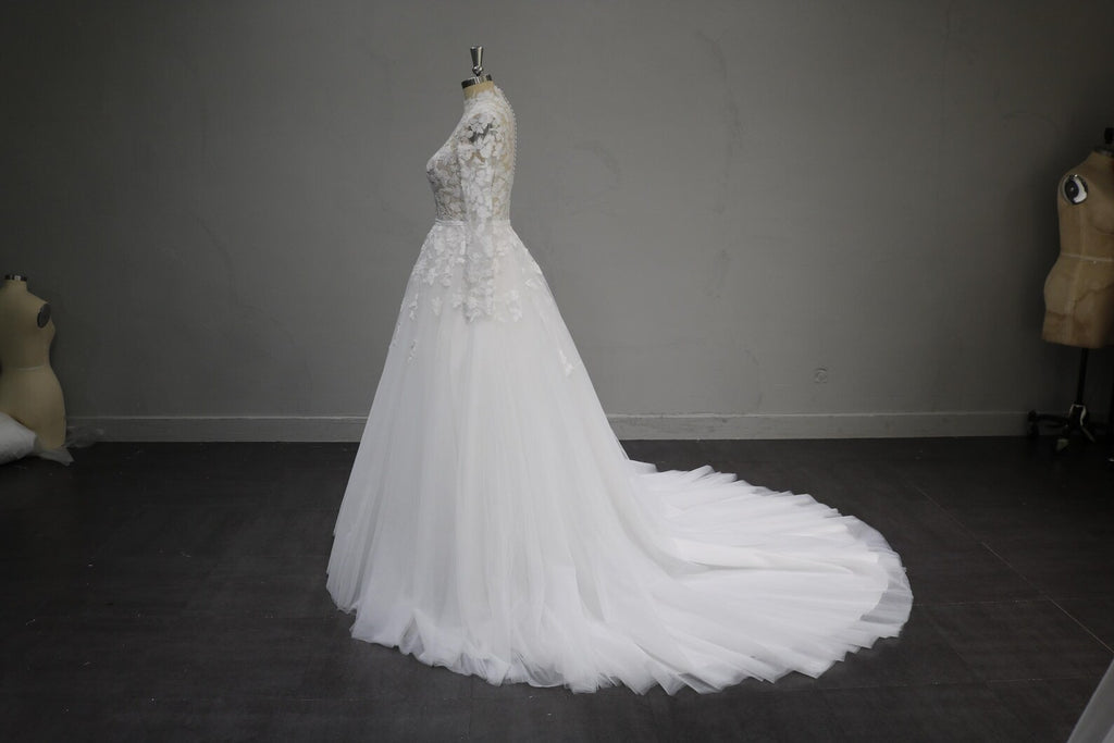 High Neck Long Sleeve Lace Wedding Dress, 3D Floral Tulle Ballgown Bridal Gown, Sheer Bodice Custom Wedding Gown