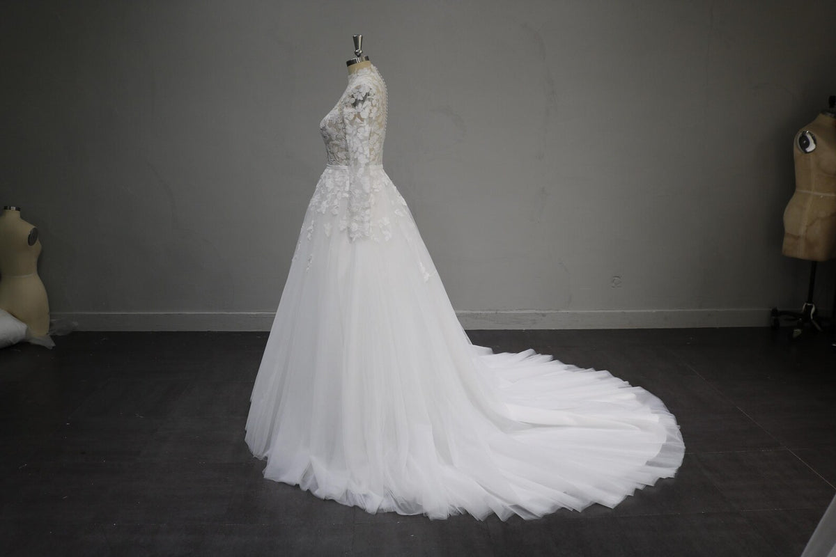High Neck Long Sleeve Lace Wedding Dress, 3D Floral Tulle Ballgown Bridal Gown, Sheer Bodice Custom Wedding Gown