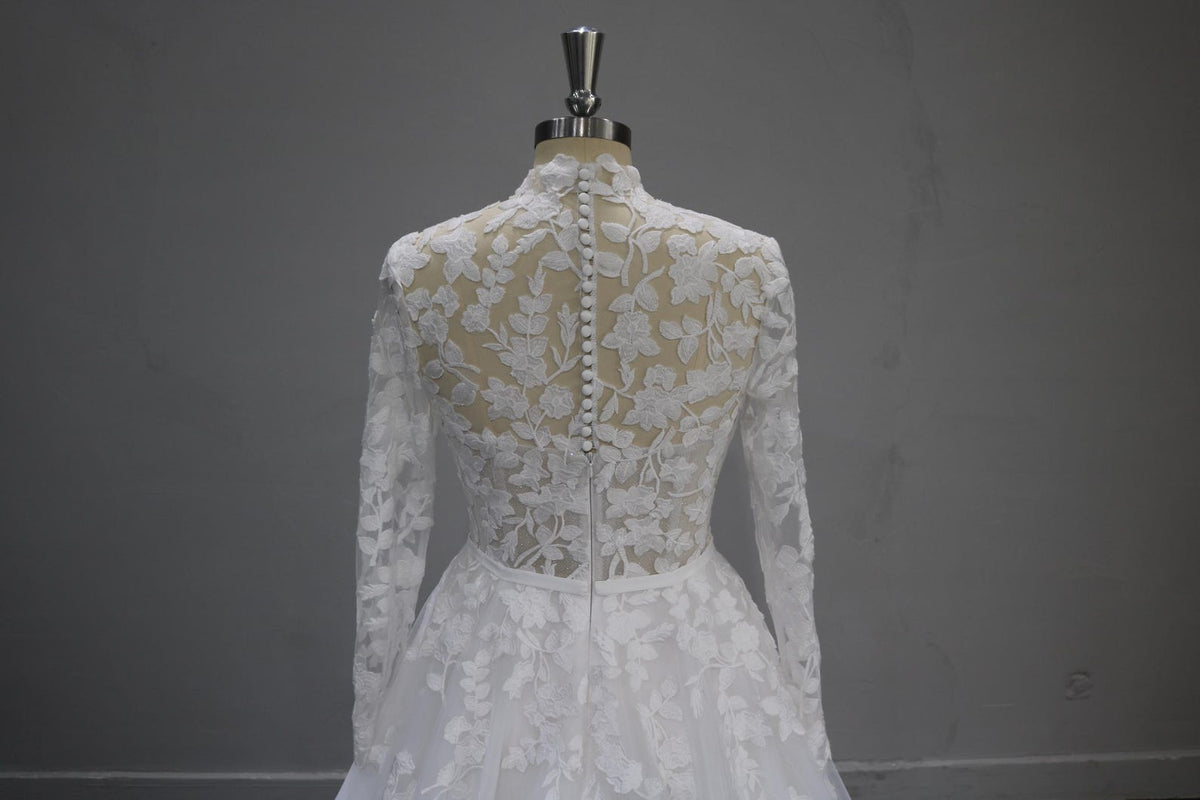High Neck Long Sleeve Lace Wedding Dress, 3D Floral Tulle Ballgown Bridal Gown, Sheer Bodice Custom Wedding Gown