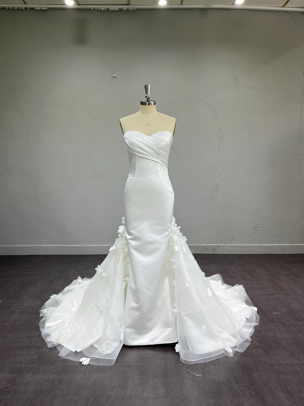 Strapless Satin Mermaid Wedding Dress, Draped Sweetheart Bridal Gown, 3D Floral Tulle Overskirt Custom Wedding Gown