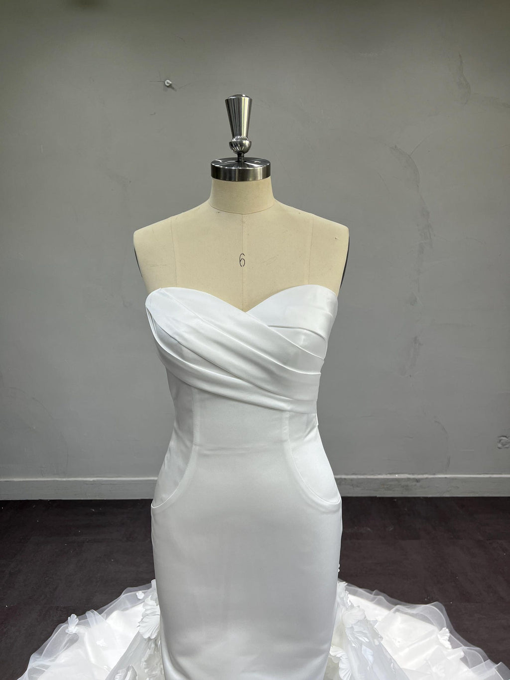Strapless Satin Mermaid Wedding Dress, Draped Sweetheart Bridal Gown, 3D Floral Tulle Overskirt Custom Wedding Gown