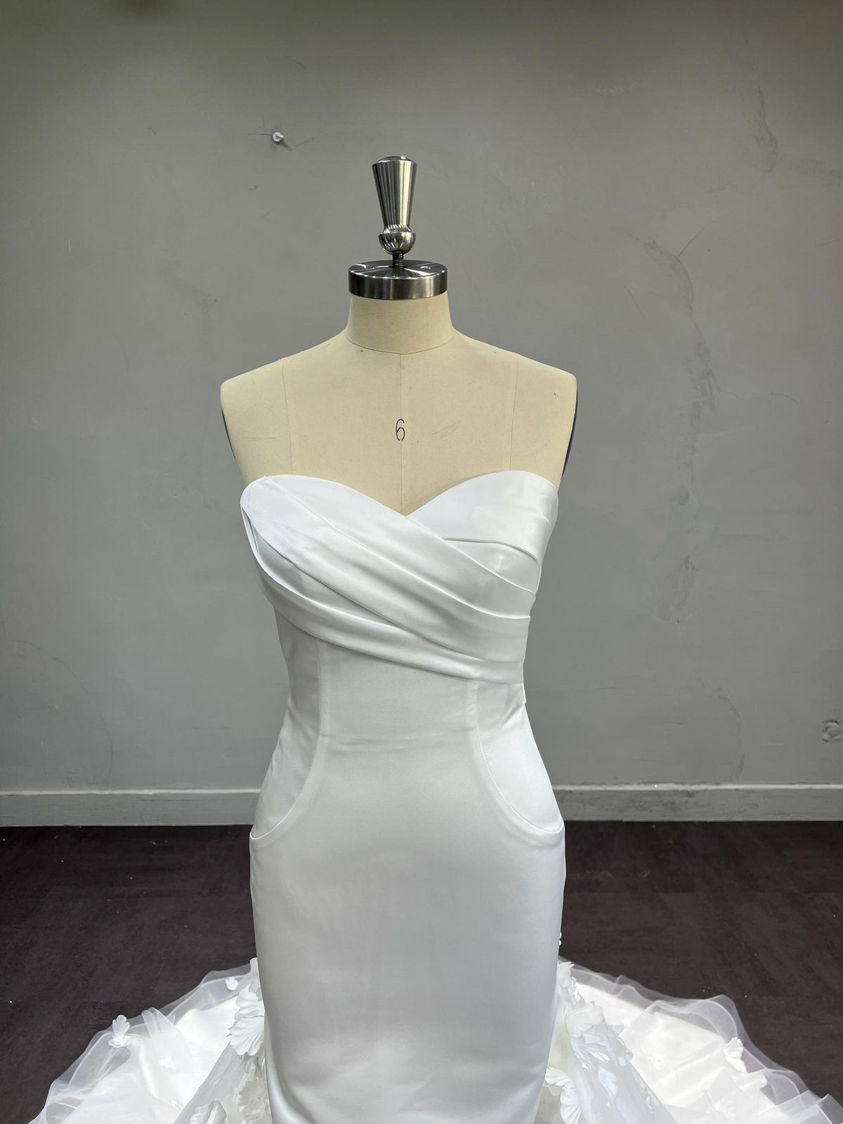 Strapless Satin Mermaid Wedding Dress, Draped Sweetheart Bridal Gown, 3D Floral Tulle Overskirt Custom Wedding Gown