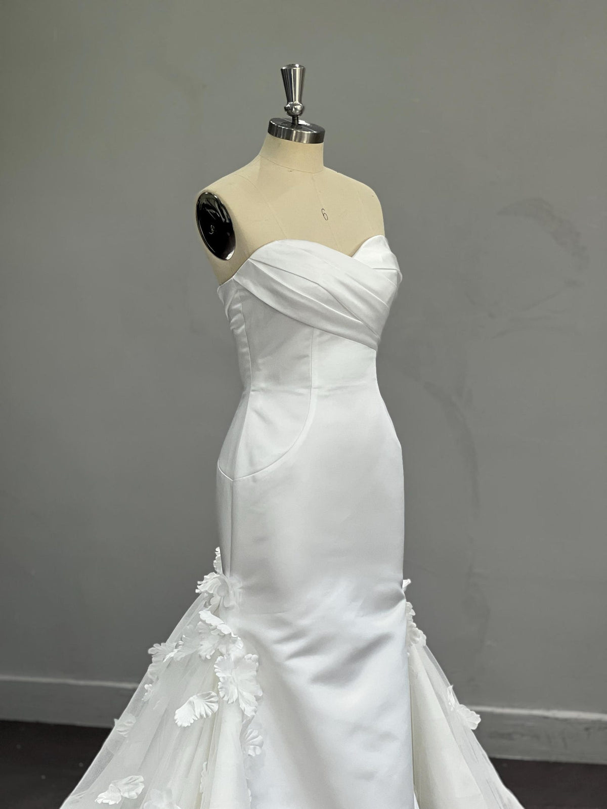 Strapless Satin Mermaid Wedding Dress, Draped Sweetheart Bridal Gown, 3D Floral Tulle Overskirt Custom Wedding Gown