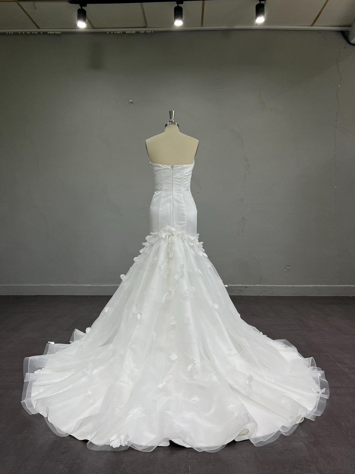 Strapless Satin Mermaid Wedding Dress, Draped Sweetheart Bridal Gown, 3D Floral Tulle Overskirt Custom Wedding Gown