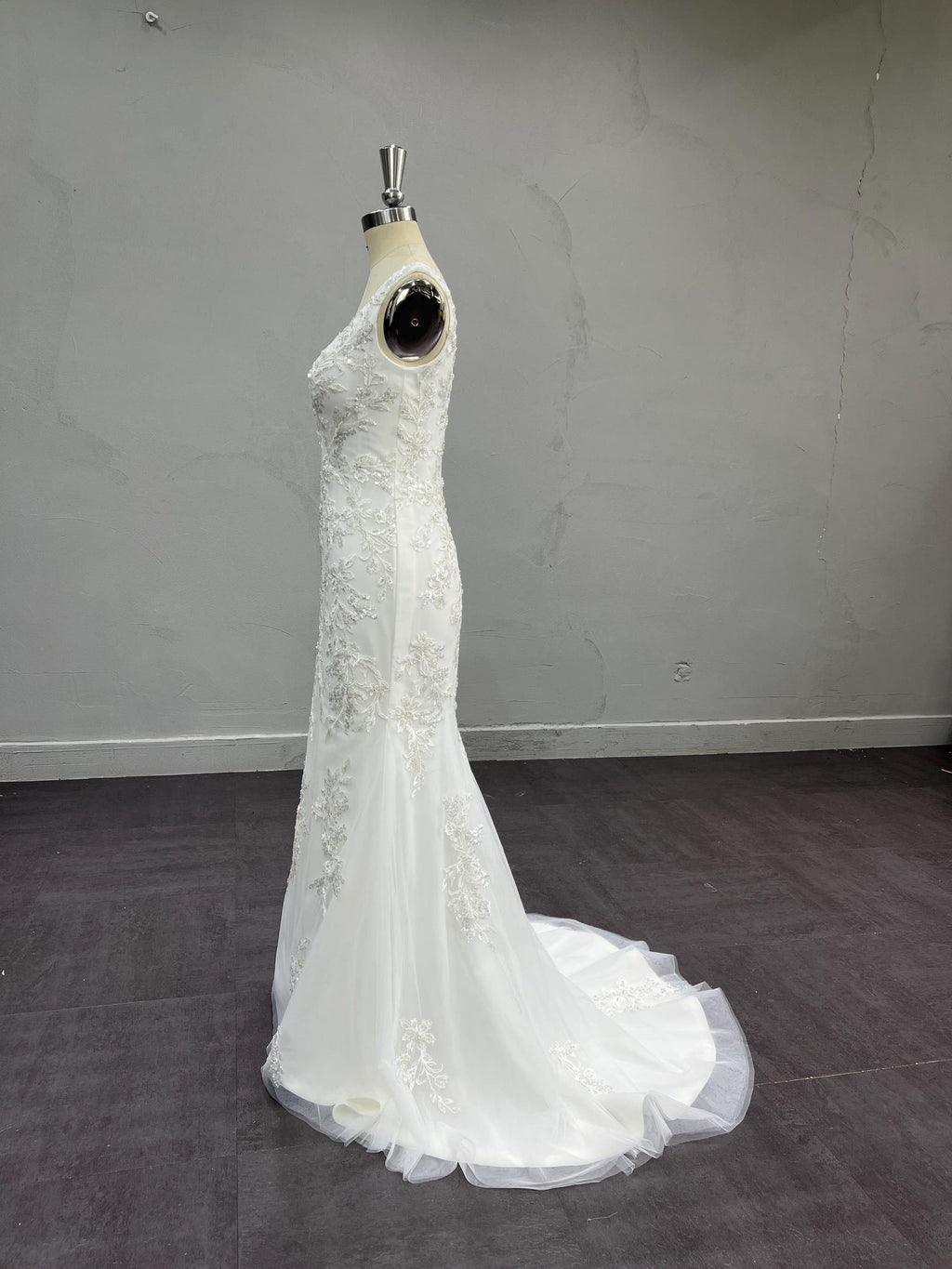 Strapless Draped Satin Mermaid Wedding Dress, 3D Floral Detachable Tulle Overskirt Bridal Gown, Custom Wedding Gown