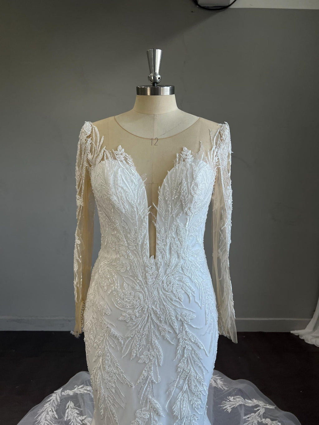 Long Sleeve Illusion Mermaid Wedding Dress, Deep V Beaded Lace Bridal Gown, Leaf Embroidery Tulle Train Custom Wedding Gown