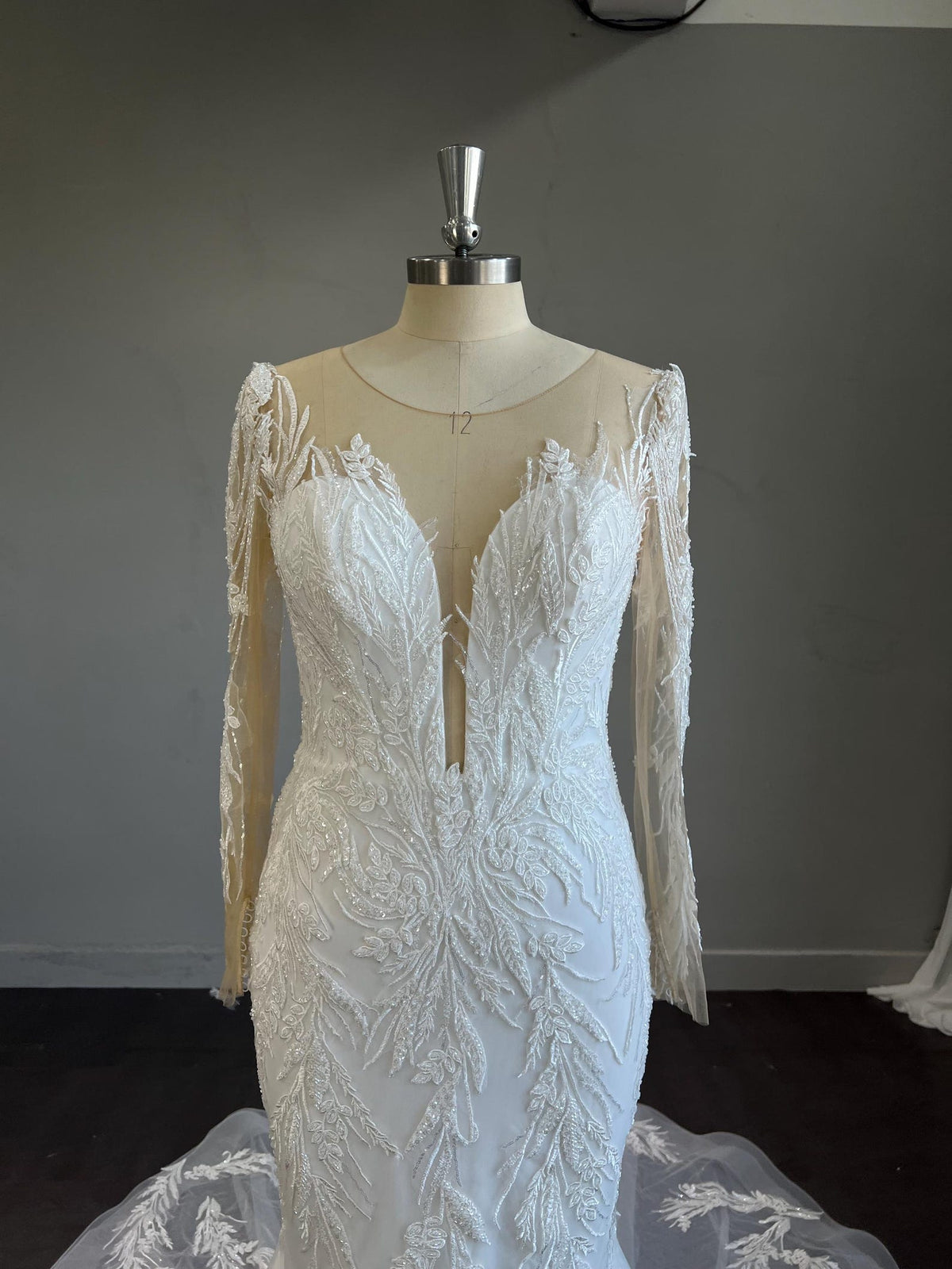 Long Sleeve Illusion Mermaid Wedding Dress, Deep V Beaded Lace Bridal Gown, Leaf Embroidery Tulle Train Custom Wedding Gown