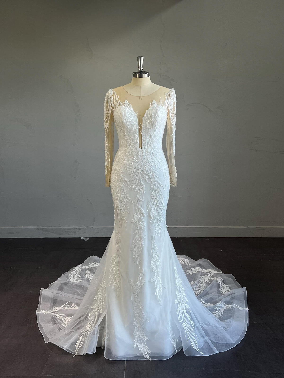 Long Sleeve Illusion Mermaid Wedding Dress, Deep V Beaded Lace Bridal Gown, Leaf Embroidery Tulle Train Custom Wedding Gown