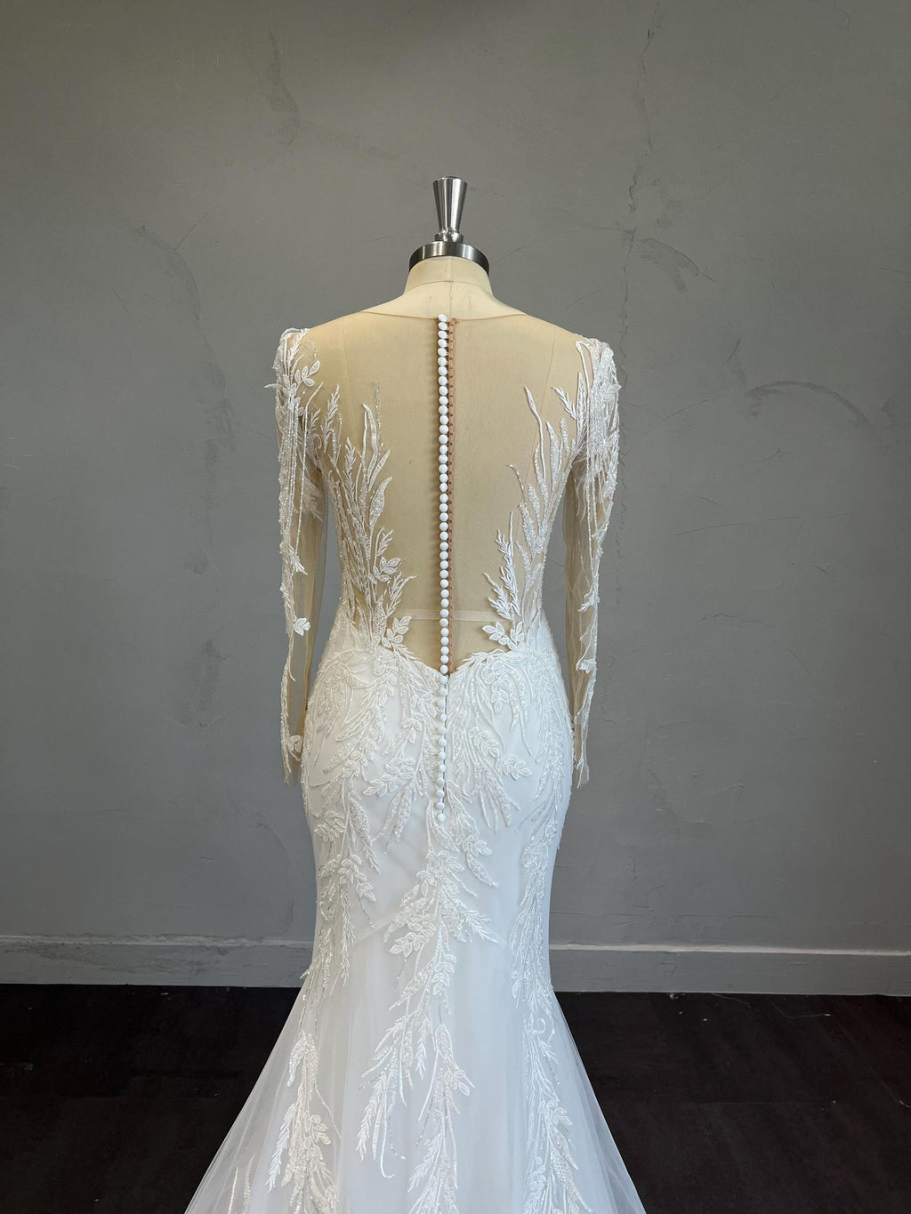 Long Sleeve Illusion Mermaid Wedding Dress, Deep V Beaded Lace Bridal Gown, Leaf Embroidery Tulle Train Custom Wedding Gown