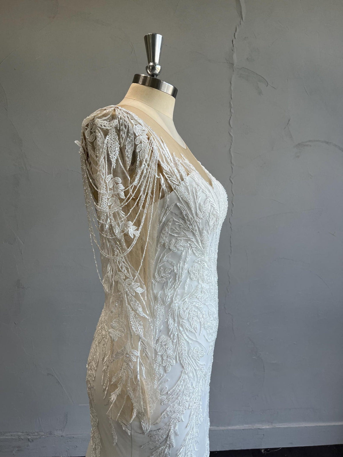 Long Sleeve Illusion Mermaid Wedding Dress, Deep V Beaded Lace Bridal Gown, Leaf Embroidery Tulle Train Custom Wedding Gown