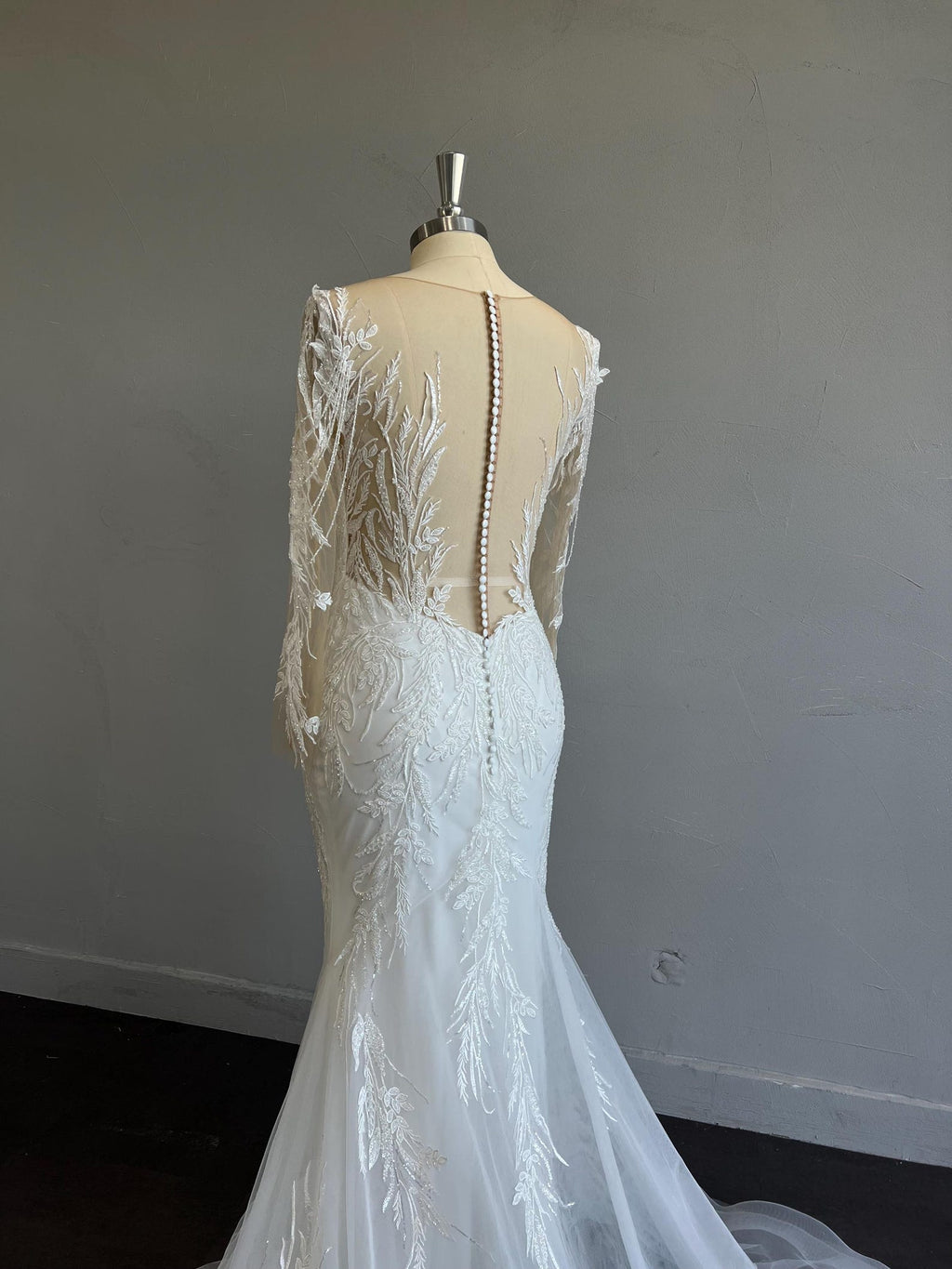 Long Sleeve Illusion Mermaid Wedding Dress, Deep V Beaded Lace Bridal Gown, Leaf Embroidery Tulle Train Custom Wedding Gown