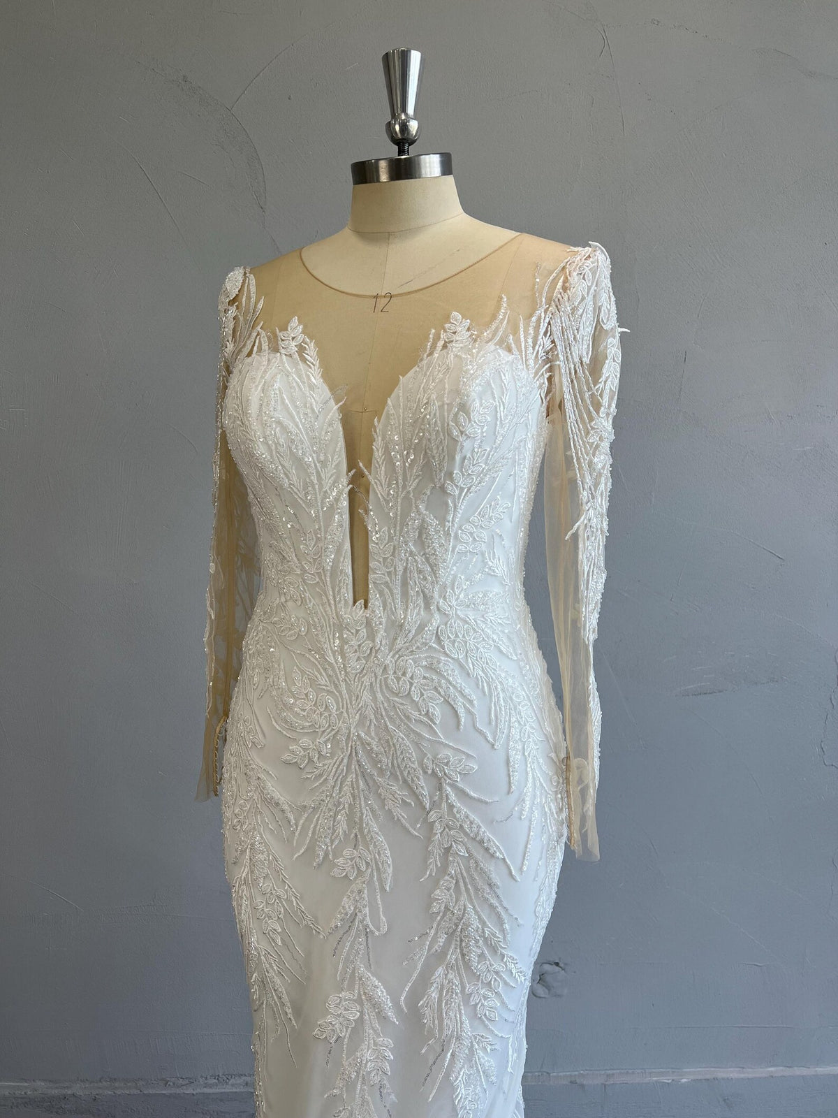Long Sleeve Illusion Mermaid Wedding Dress, Deep V Beaded Lace Bridal Gown, Leaf Embroidery Tulle Train Custom Wedding Gown