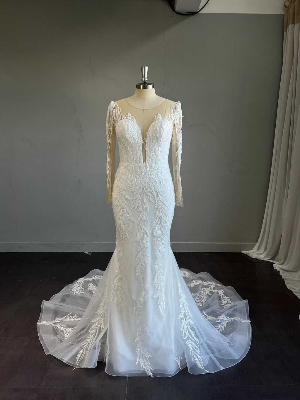 Long Sleeve Illusion Mermaid Wedding Dress, Deep V Beaded Lace Bridal Gown, Leaf Embroidery Tulle Train Custom Wedding Gown