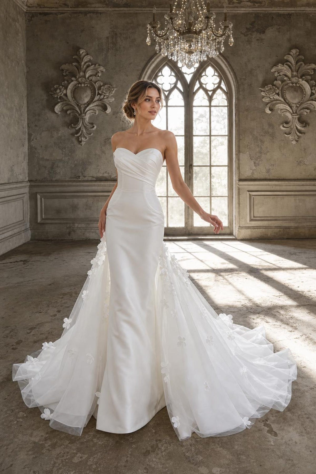 Strapless Satin Mermaid Wedding Dress, Draped Sweetheart Bridal Gown, 3D Floral Tulle Overskirt Custom Wedding Gown