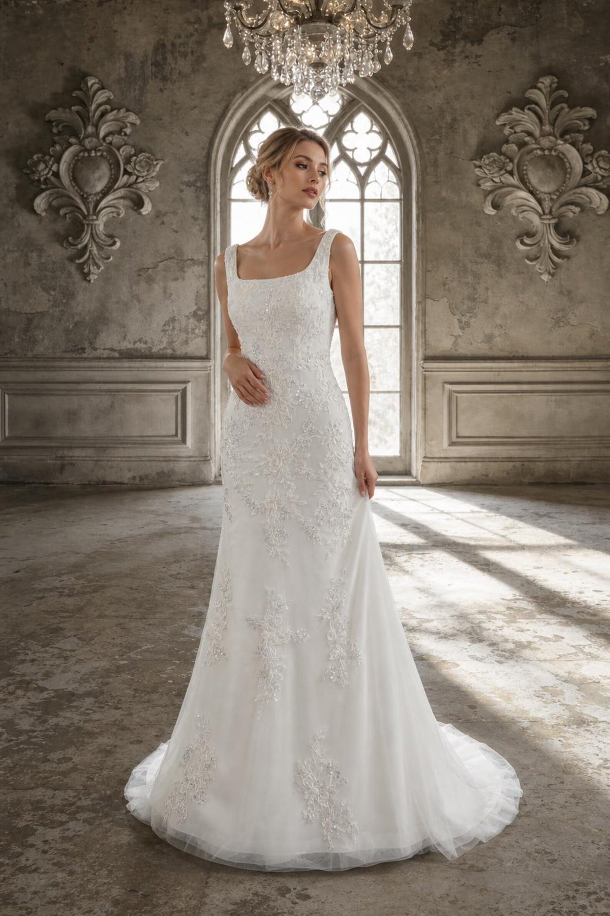 Strapless Draped Satin Mermaid Wedding Dress, 3D Floral Detachable Tulle Overskirt Bridal Gown, Custom Wedding Gown