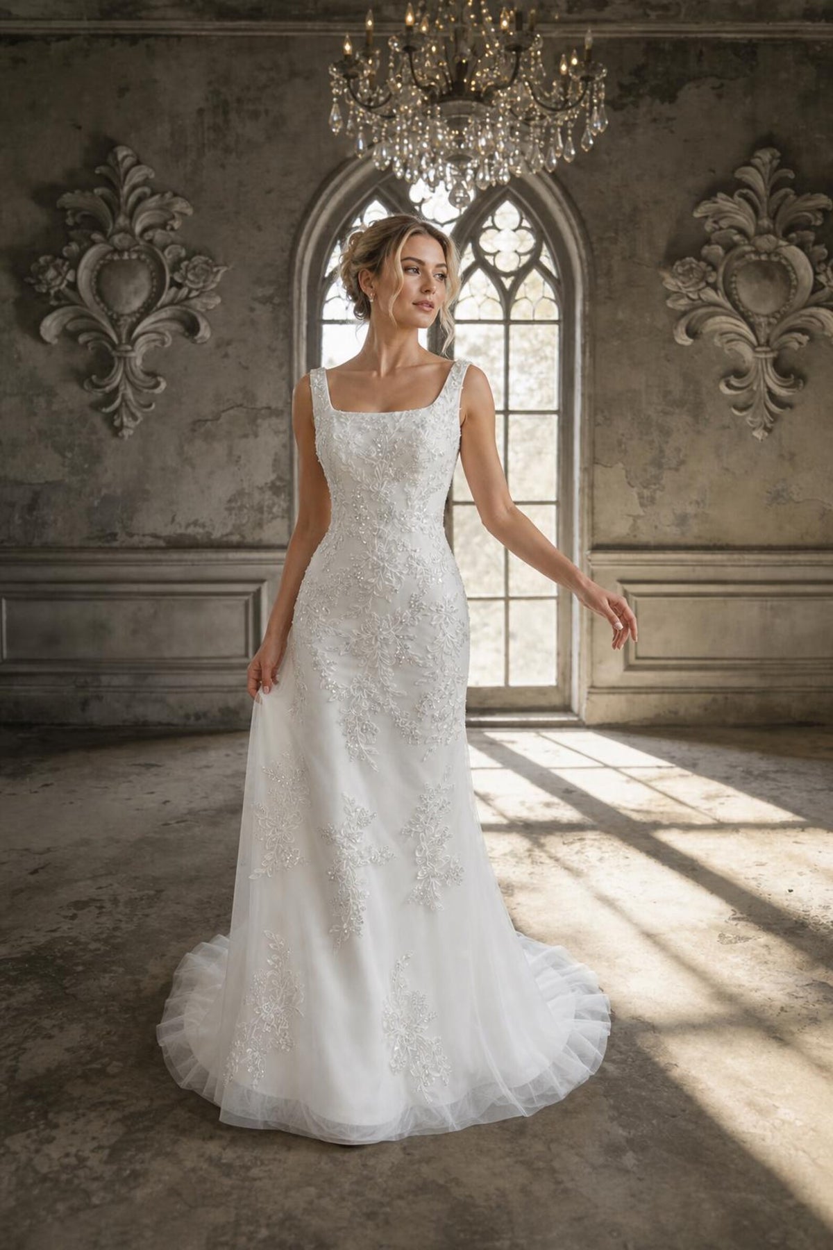 Strapless Draped Satin Mermaid Wedding Dress, 3D Floral Detachable Tulle Overskirt Bridal Gown, Custom Wedding Gown