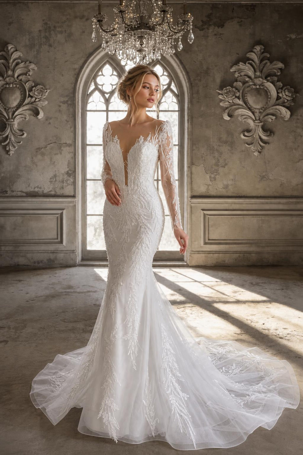 Long Sleeve Illusion Mermaid Wedding Dress, Deep V Beaded Lace Bridal Gown, Leaf Embroidery Tulle Train Custom Wedding Gown