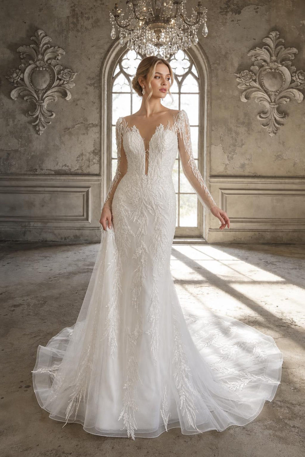 Long Sleeve Illusion Mermaid Wedding Dress, Deep V Beaded Lace Bridal Gown, Leaf Embroidery Tulle Train Custom Wedding Gown