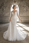 Long Sleeve Illusion Mermaid Wedding Dress, Deep V Beaded Lace Bridal Gown, Leaf Embroidery Tulle Train Custom Wedding Gown