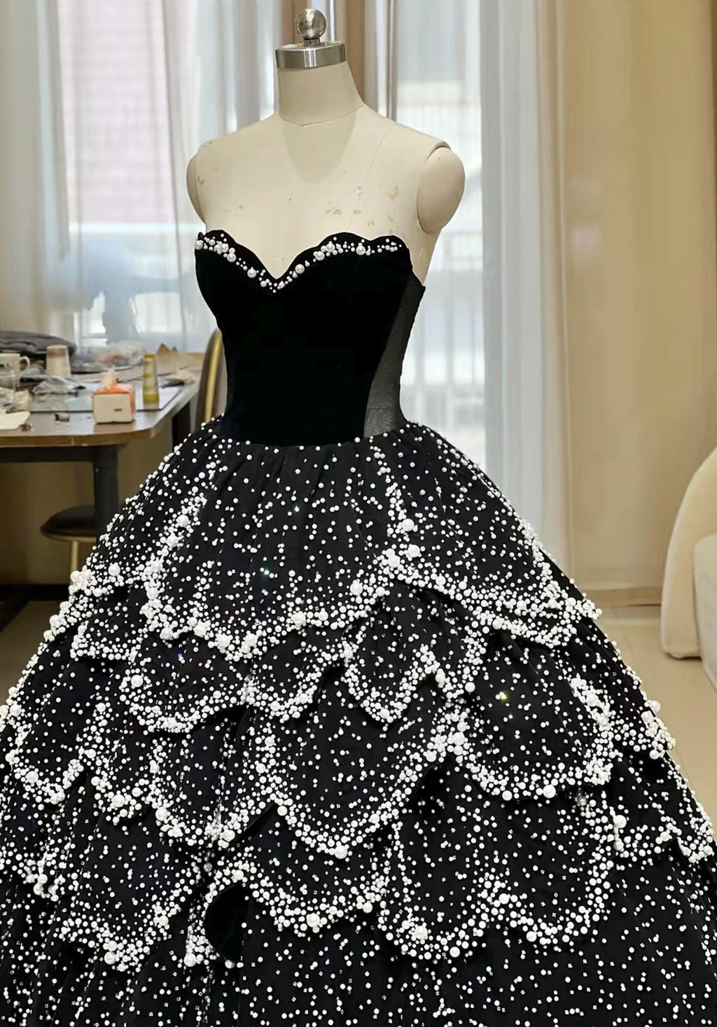 Black Ball Gown, Pearl Crystal Evening Dress, Strapless Velvet Prom Dress, Layered Formal Gown, Dramatic Black Wedding Dress, Custom Made