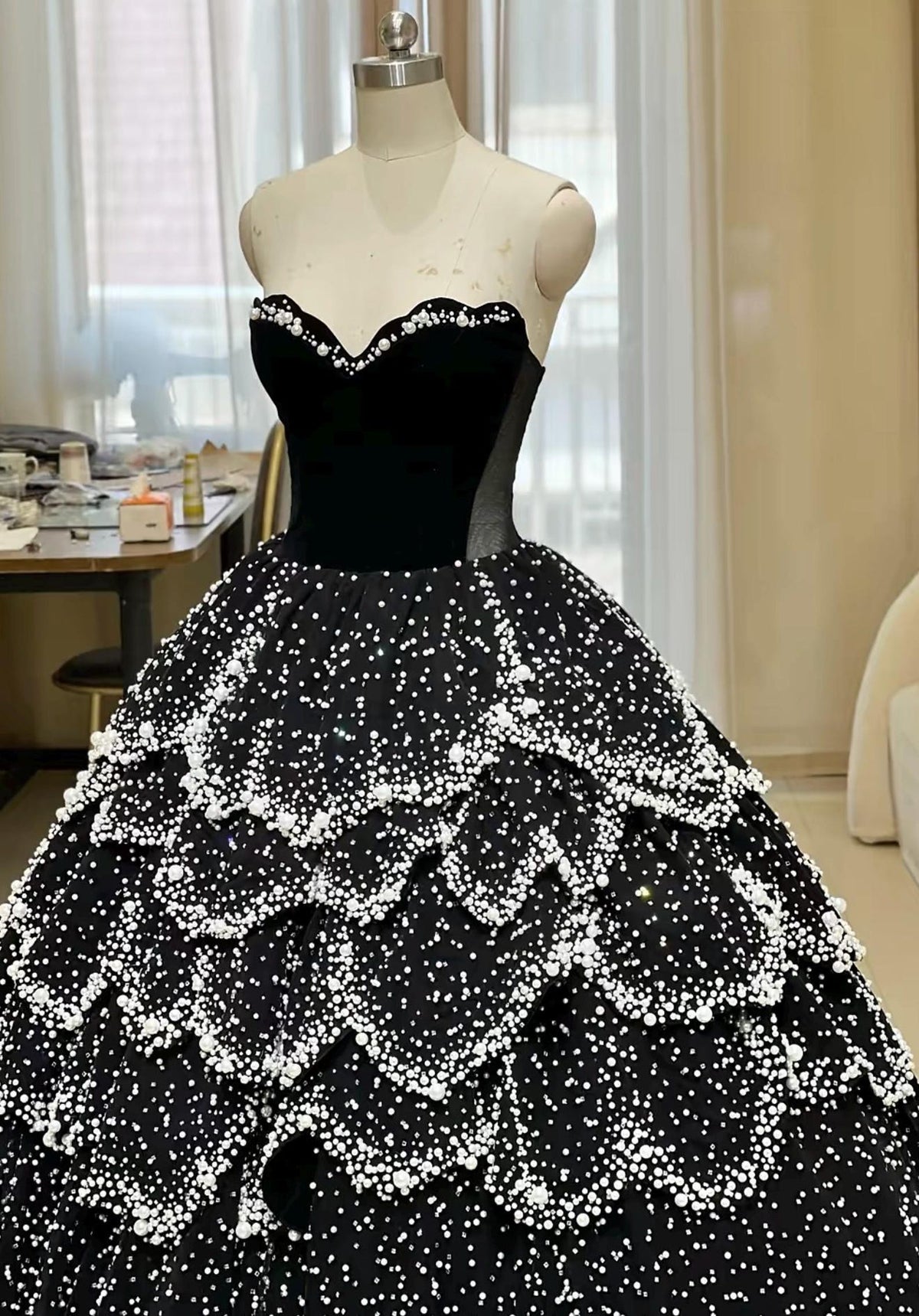 Black Ball Gown, Pearl Crystal Evening Dress, Strapless Velvet Prom Dress, Layered Formal Gown, Dramatic Black Wedding Dress, Custom Made