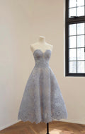 Strapless Dusty Blue Lace Midi Cocktail Dress, Sweetheart Corset Tea Length Formal Gown, Wedding Guest Dress, Custom Evening Party Dress
