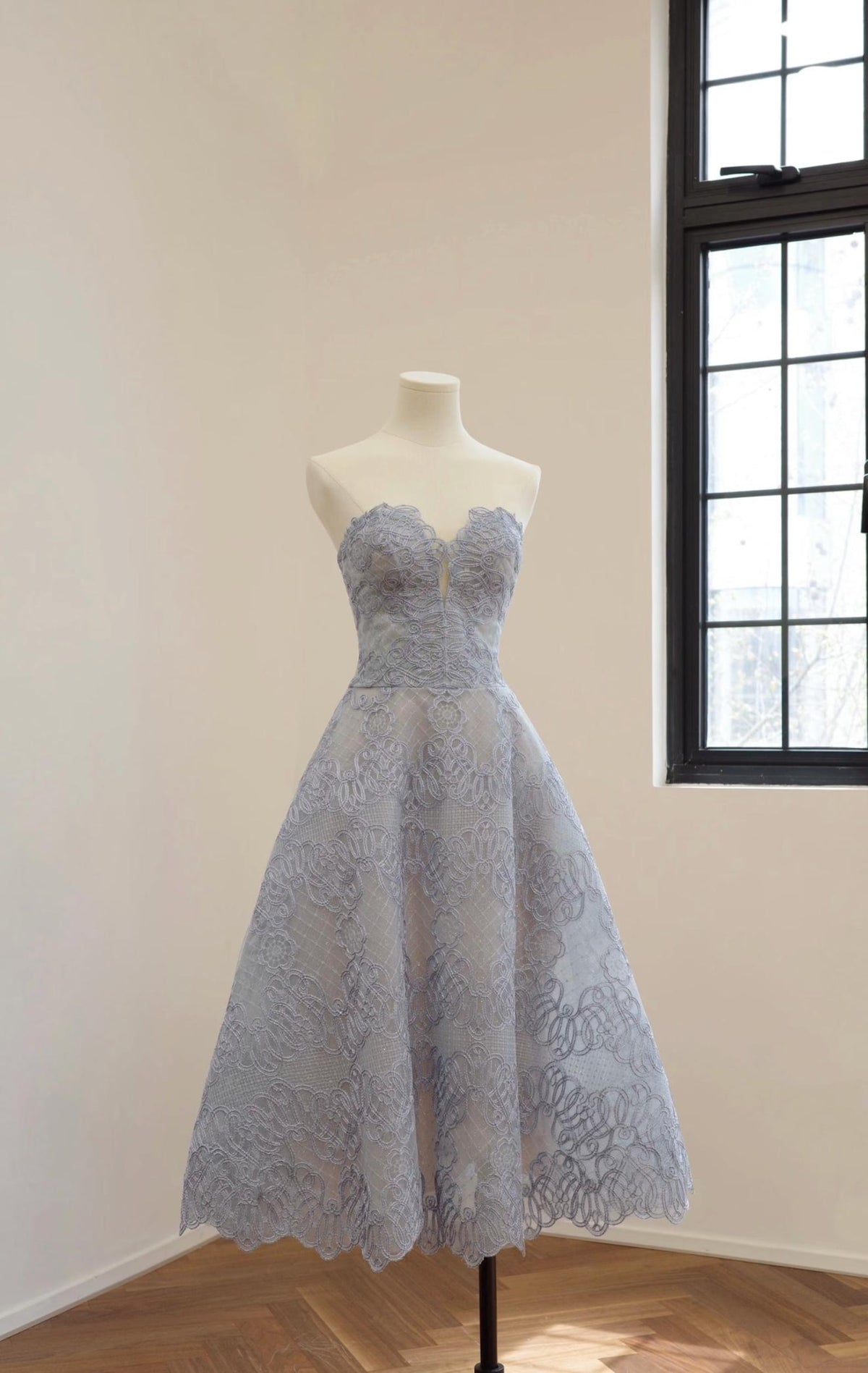 Strapless Dusty Blue Lace Midi Cocktail Dress, Sweetheart Corset Tea Length Formal Gown, Wedding Guest Dress, Custom Evening Party Dress