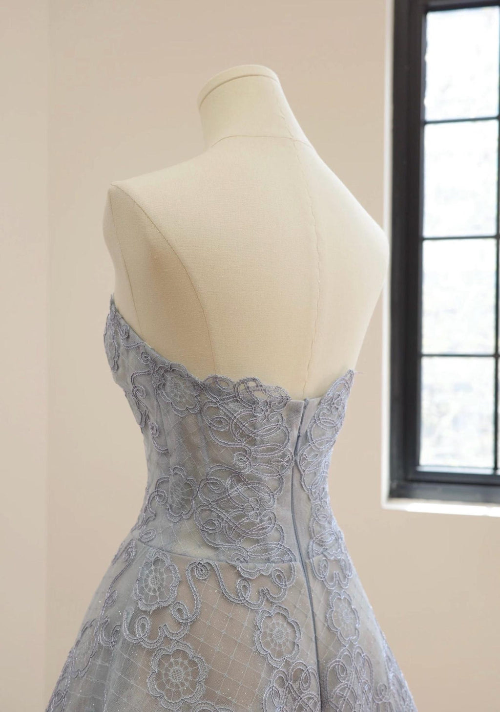 Strapless Dusty Blue Lace Midi Cocktail Dress, Sweetheart Corset Tea Length Formal Gown, Wedding Guest Dress, Custom Evening Party Dress