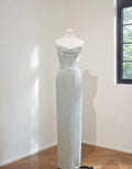 Strapless Draped Metallic Mint Column Gown, Cowl Neck Sheath Long Formal Dress, Wedding Guest Evening Dress, Custom Prom Dress