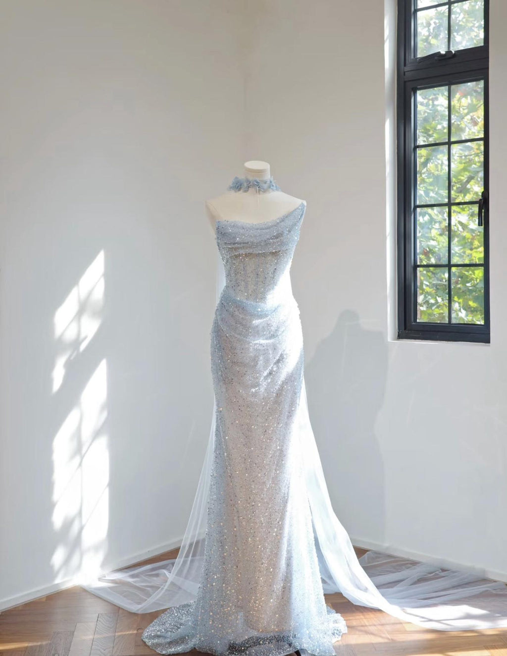 Light Blue Sequin Mermaid Gown, Draped One Shoulder Corset Formal Dress, Choker Floral Neck Detail, Wedding & Evening Dress Custom