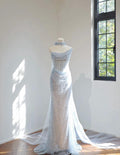 Light Blue Sequin Mermaid Gown, Draped One Shoulder Corset Formal Dress, Choker Floral Neck Detail, Wedding & Evening Dress Custom