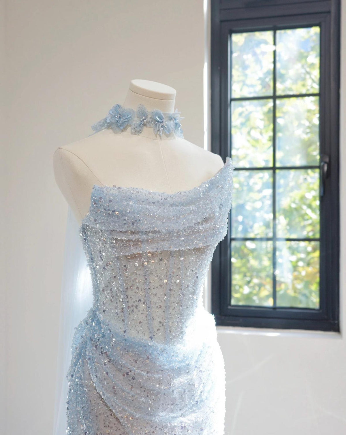 Light Blue Sequin Mermaid Gown, Draped One Shoulder Corset Formal Dress, Choker Floral Neck Detail, Wedding & Evening Dress Custom