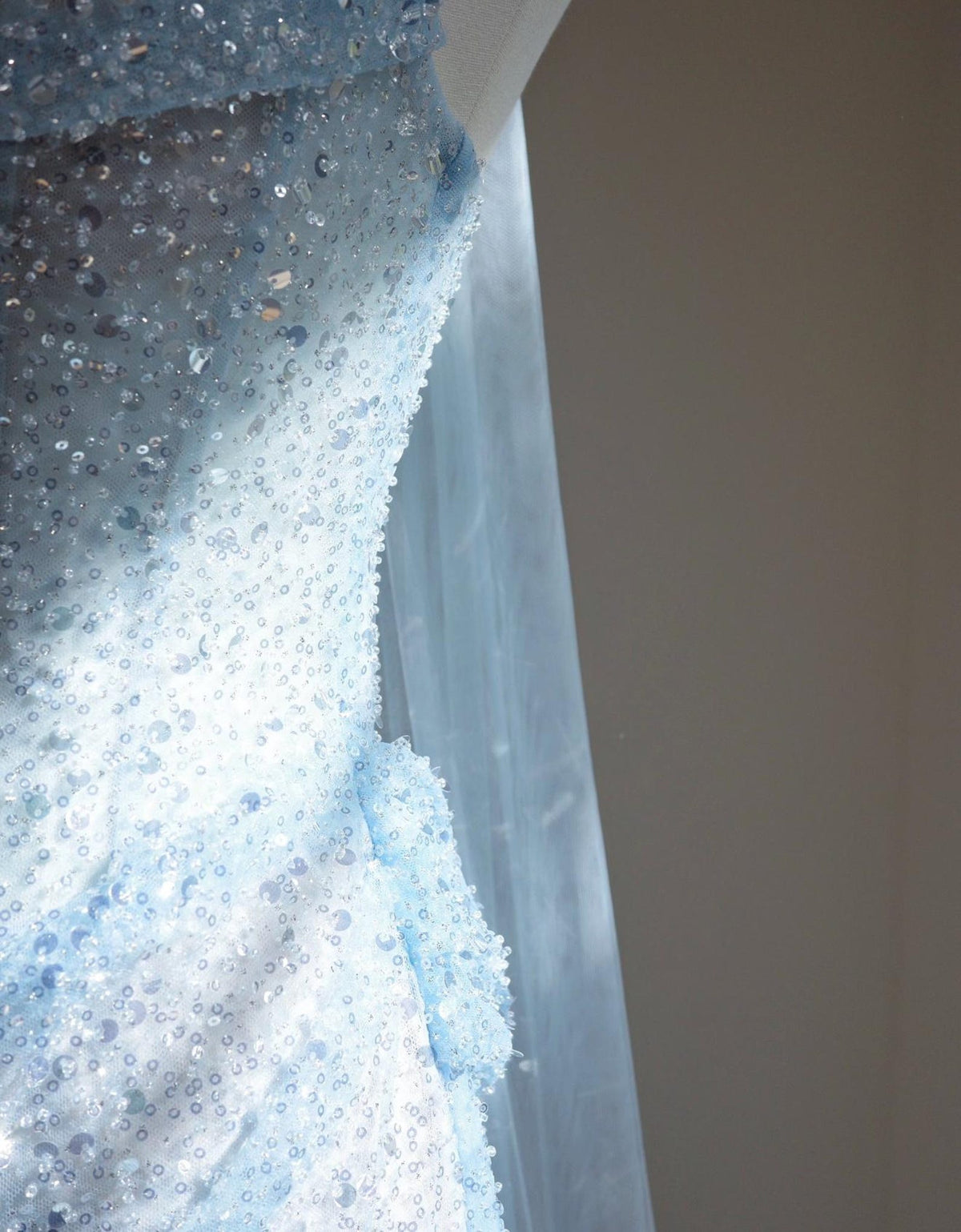 Light Blue Sequin Mermaid Gown, Draped One Shoulder Corset Formal Dress, Choker Floral Neck Detail, Wedding & Evening Dress Custom