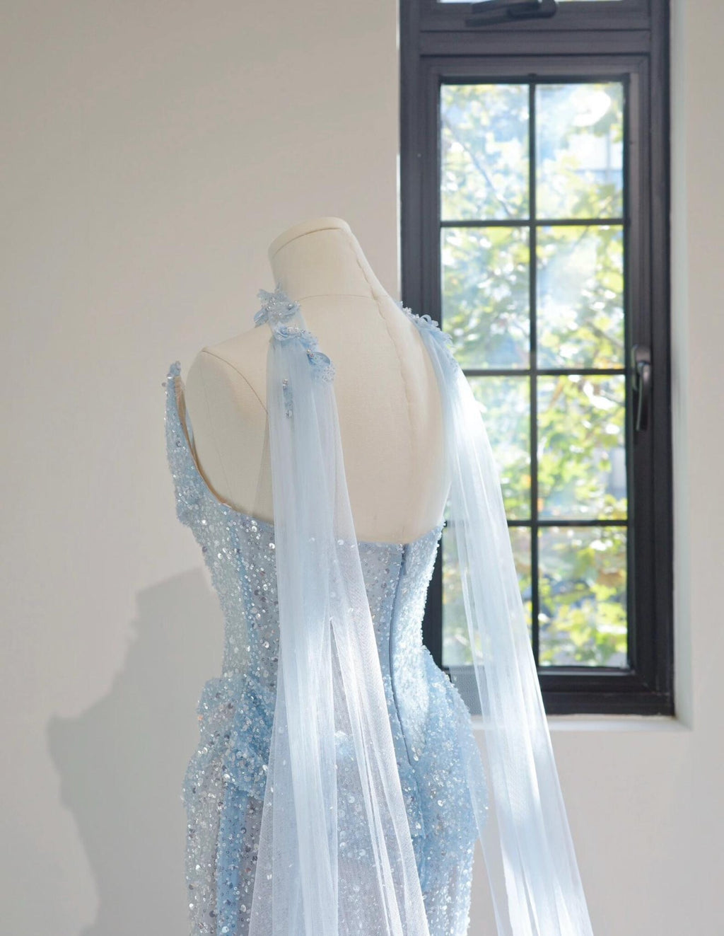 Light Blue Sequin Mermaid Gown, Draped One Shoulder Corset Formal Dress, Choker Floral Neck Detail, Wedding & Evening Dress Custom