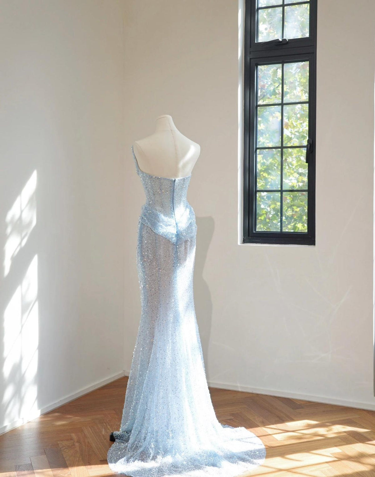 Light Blue Sequin Mermaid Gown, Draped One Shoulder Corset Formal Dress, Choker Floral Neck Detail, Wedding & Evening Dress Custom
