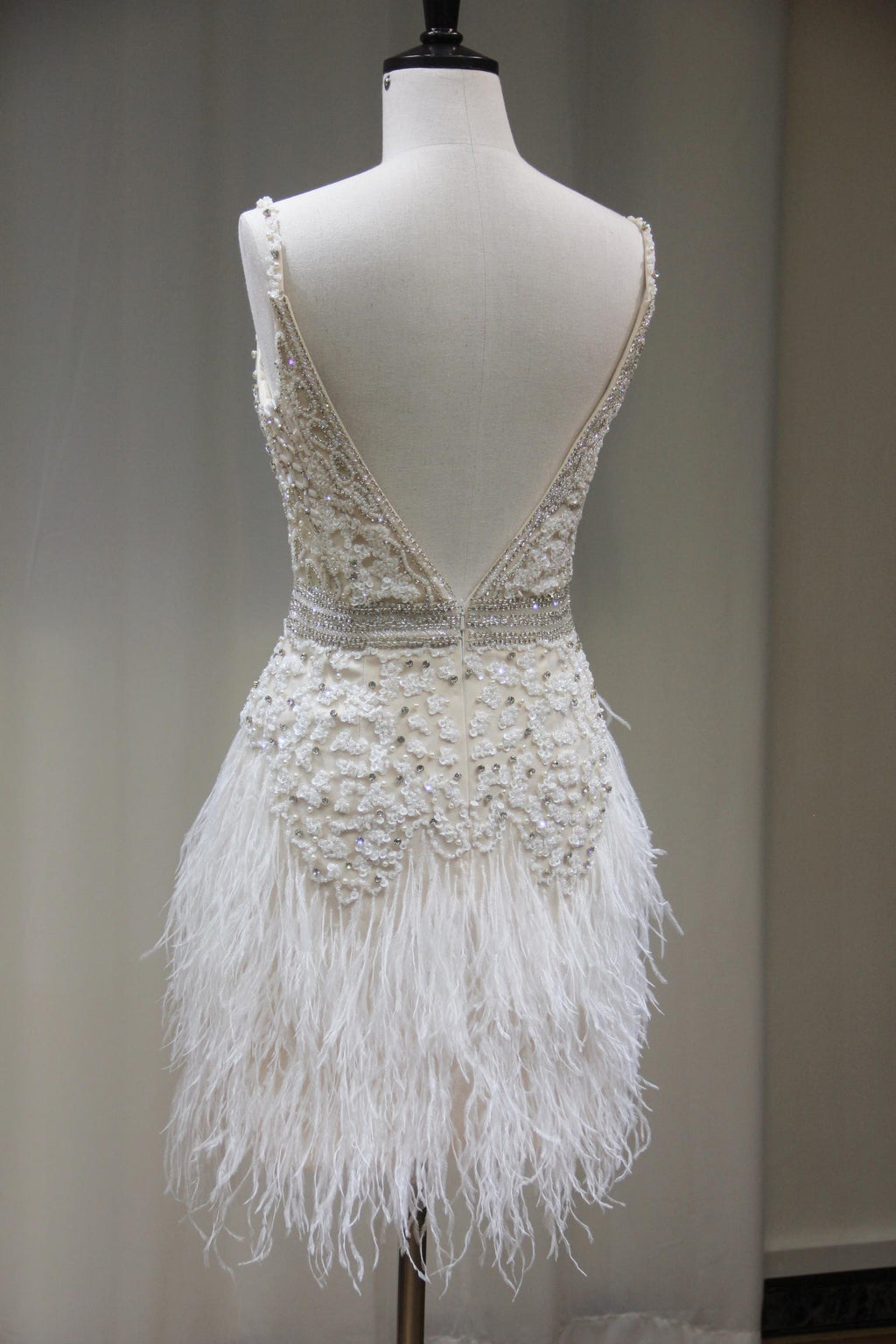 Sparkly Rhinestone Feather Mini Dress, Plunge V Neck Spaghetti Strap Cocktail Dress, Short Wedding Reception & Bachelorette Dress